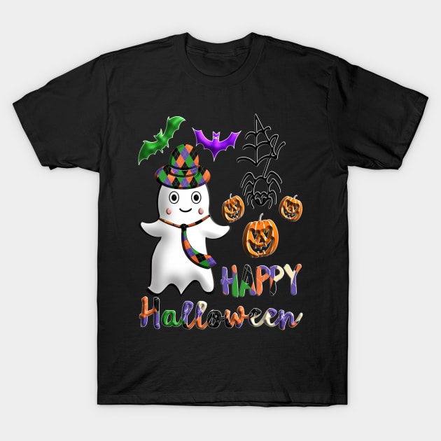 Pumpkin dad ghost Kawaii bat spider Happy Halloween violet orange black dots ribbon 3D tridimensional 320 T-Shirt by dvongart